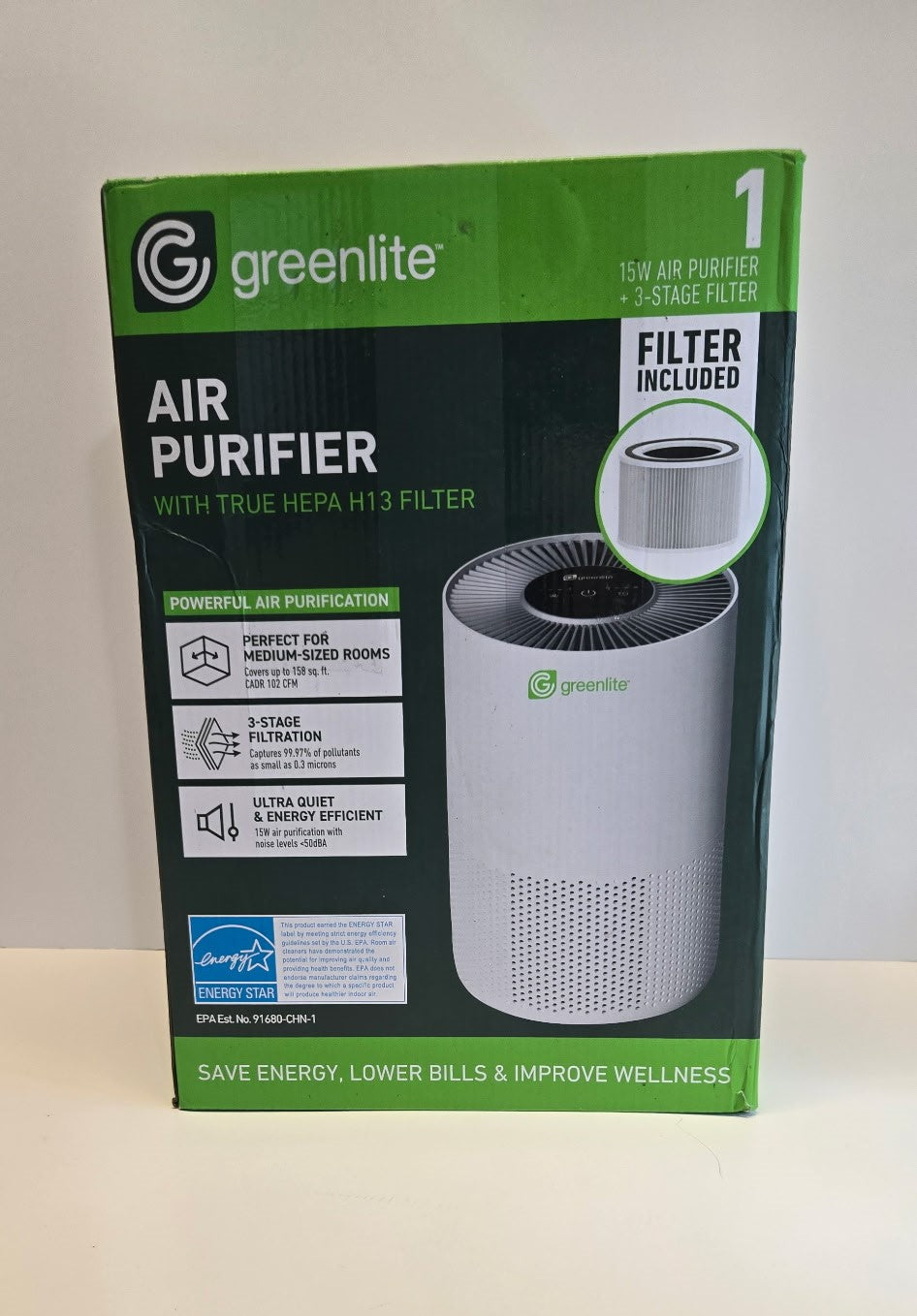 Greenlite 15W Air Purifier with True HEPA H13 Filter – 3-Stage Filtration