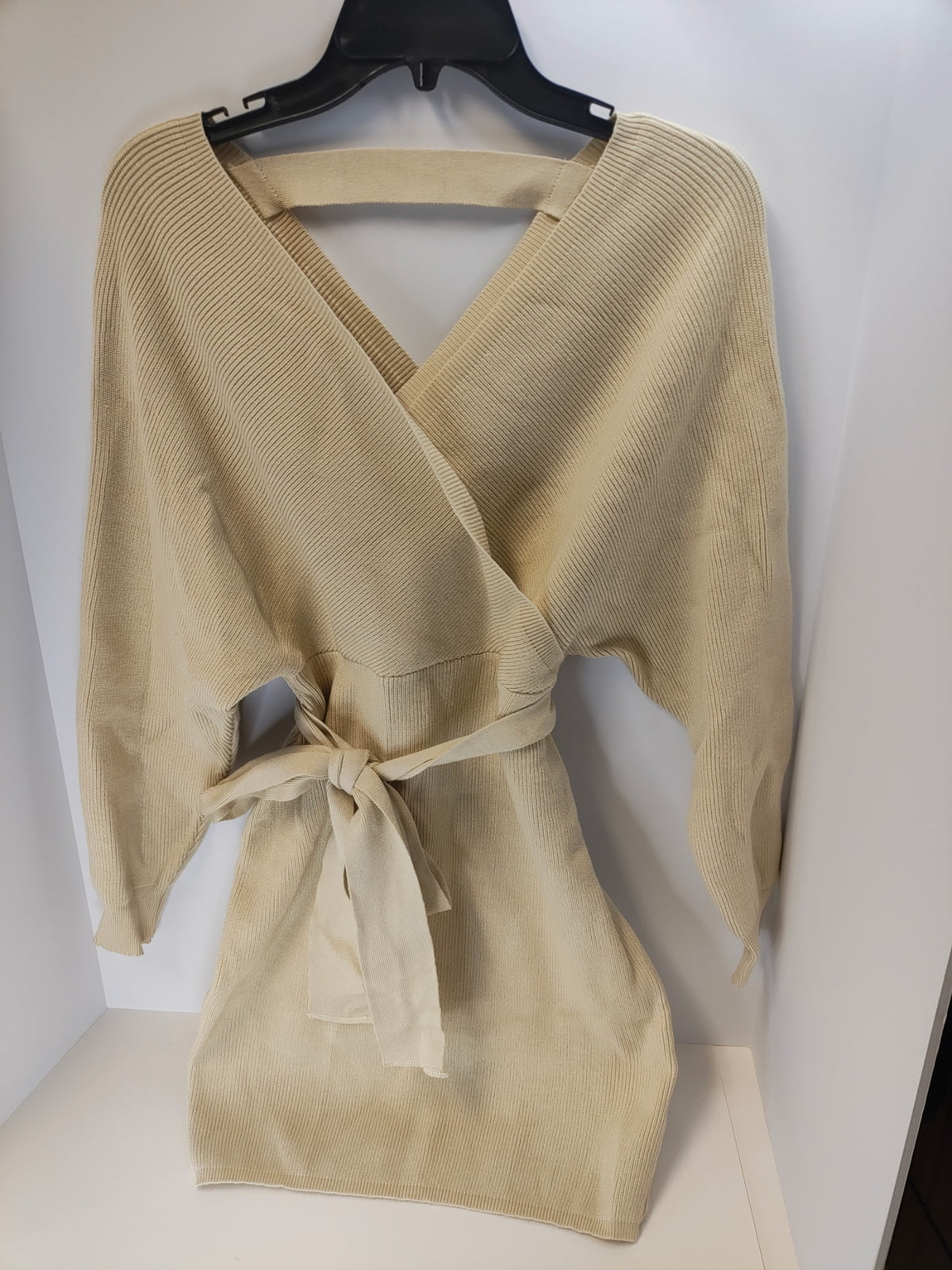Women’s Cream Ribbed Knit Wrap Sweater Dress with Tie Waist