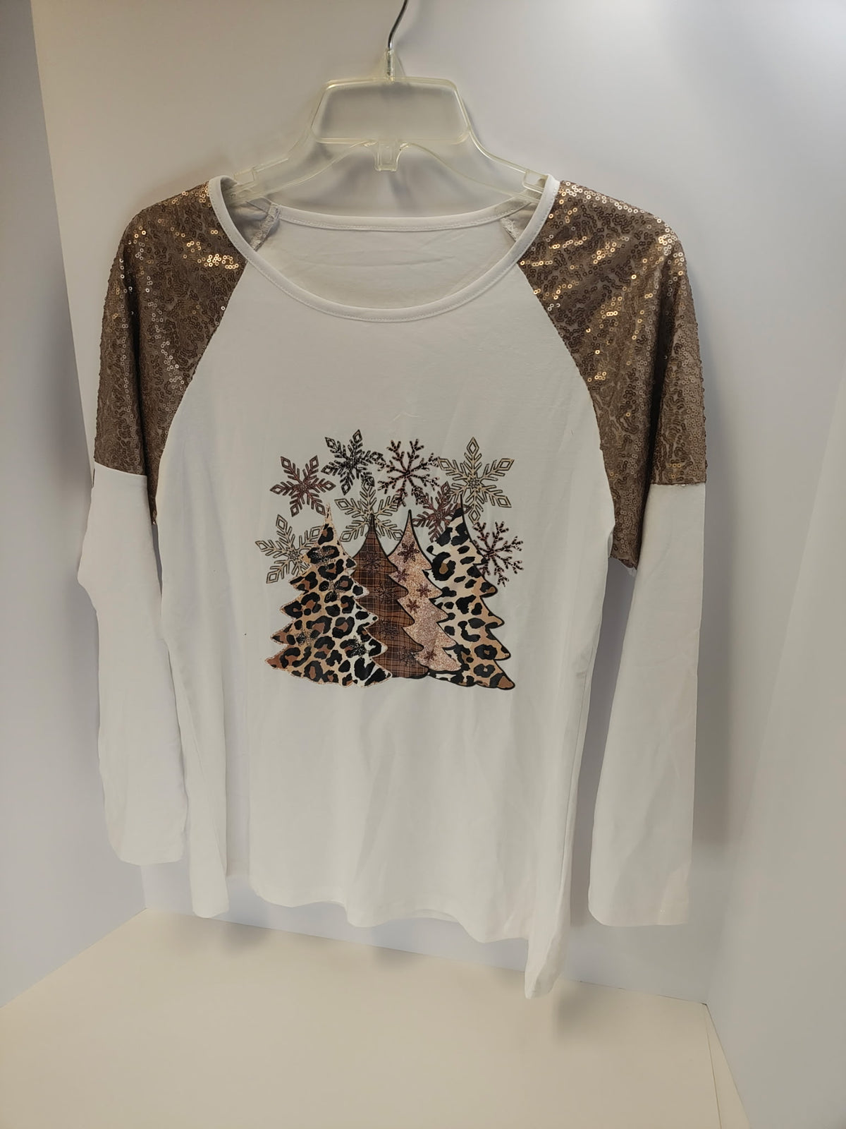 Women’s White Christmas Tree Graphic Top with Sequin Sleeves